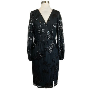 Adrianna Papell Sequined Long Sleeve Sheath Black Size 8 V-Neck Side Slit